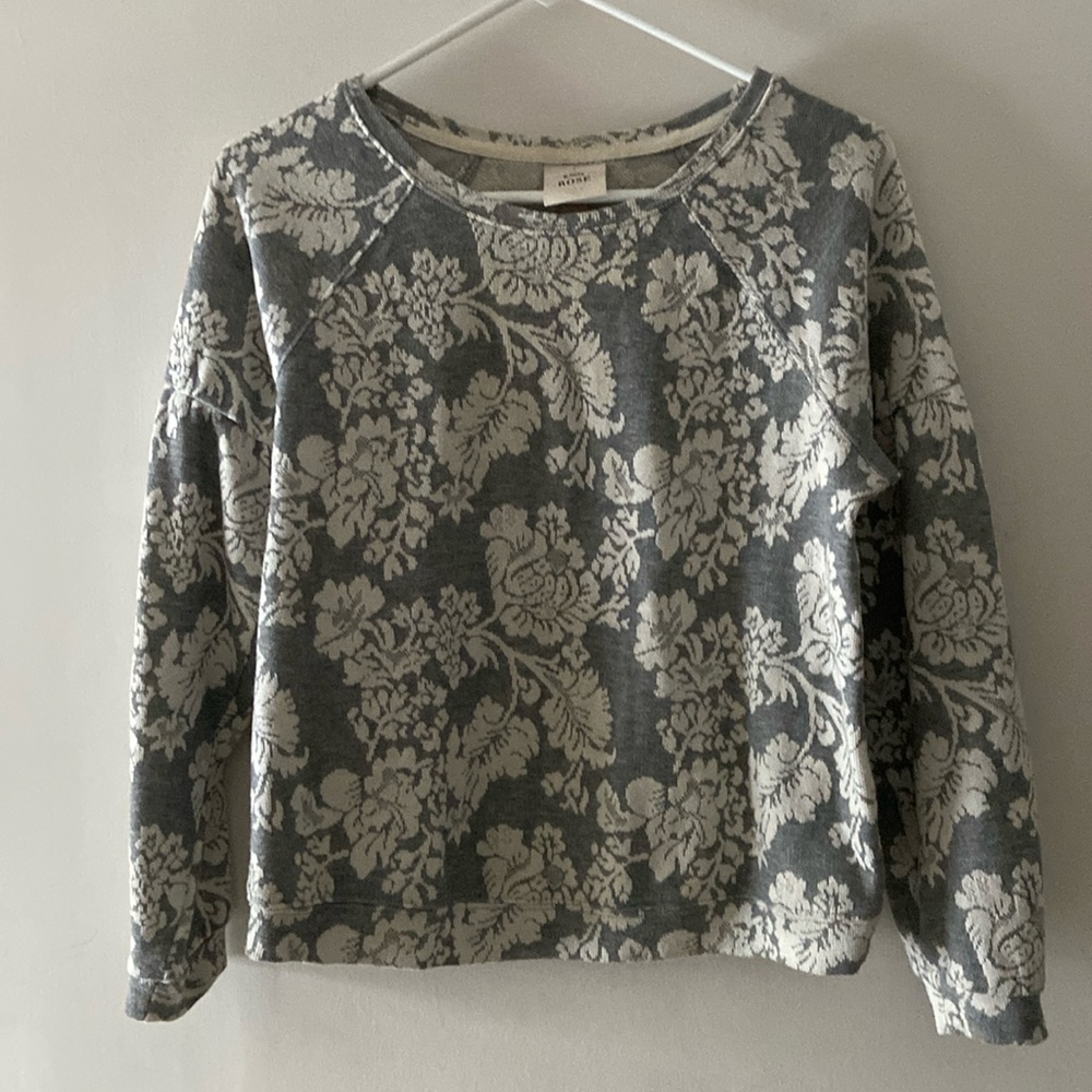 Knox Rose Top Blouse Womens Size S Gray White Floral balloon Long Sleeve cuffed